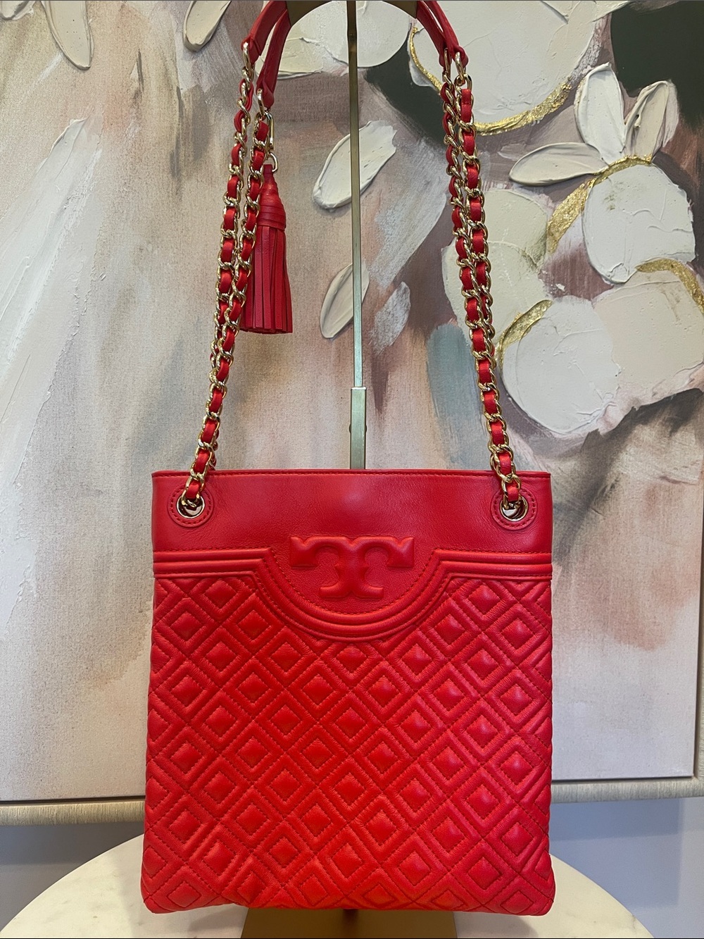 Tory Burch Red Quilted Leather Chain Shoulder Tote with Tassel